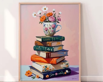 Books and Tea Art Print, Floral Coffee Cup, Book Stack (Digital Download)
