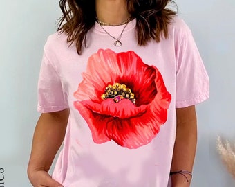Maglietta con stampa di papaveri rossi / T-shirt alla moda con motivi floreali