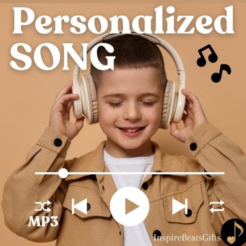 May include: A young person wearing cream-colored headphones, eyes closed, smiling. The words "Personalized SONG" are at the top. A music player interface is at the bottom, with the word "MP3" and musical notes. The background is a solid tan colour.