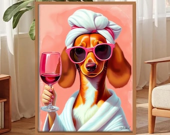 Lámina artística de un perro divertido con una copa de vino, un regalo original para amantes de las mascotas.