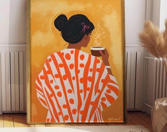 Woman Drinking Coffee Art Print, Modern Kitchen Cafe Decor (Digital Download)