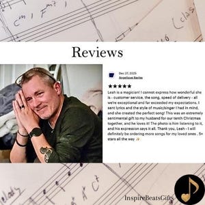 May include: Image showing musical notation and handwritten notes. The word "Reviews" is above a customer review and a photo of a man. The text "InspireBeatsGifts" is at the bottom of the image.