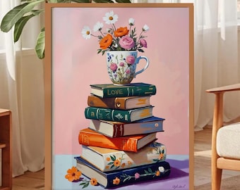 Bücher und Tee gerahmter Kunstdruck, Blumenkaffeetasse, gemütliche Bibliotheksdekoration