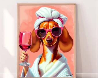 Lámina artística divertida de perro bebiendo vino, ideal para la pared de una galería de mascotas moderna (descarga digital)