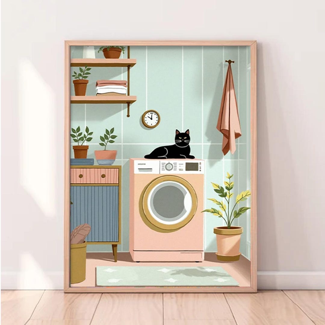 Laundry Room Cat Print | Boho Feline Wall Art - Etsy