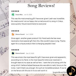 May include: A background of musical notation with customer reviews. The text "Song Reviews!" is displayed above the testimonials. The reviews highlight the product's creativity and beauty, with five-star ratings.
