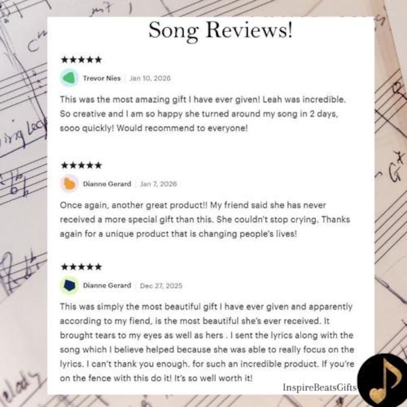 May include: A background of musical notation with customer reviews. The text "Song Reviews!" is displayed above the testimonials. The reviews highlight the product's creativity and beauty, with five-star ratings.