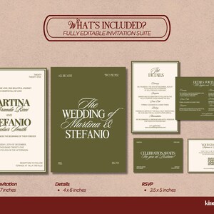 An informational image shows three fully editable wedding invitation templates with dimensions and placeholder text against a brown background.