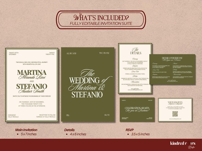 An informational image shows three fully editable wedding invitation templates with dimensions and placeholder text against a brown background.