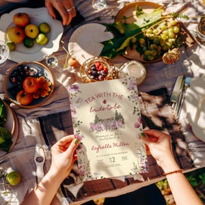 Tijd voor thee, thee met de bruid om te worden vrijgezellenfeest, bruidsbrunch, high tea, grillige uitnodiging, receptenkaart, kaart met receptverzoek