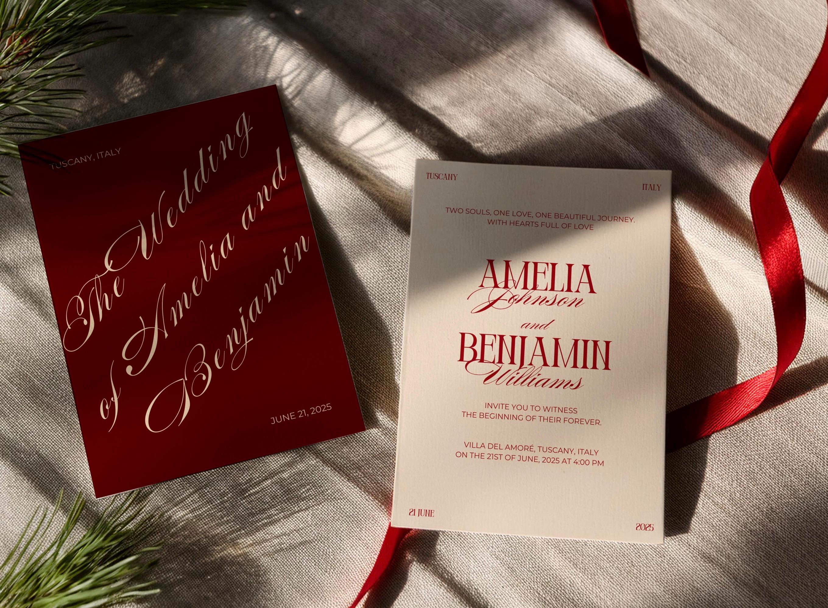 Old Money Wedding Invitation Set with QR Code,Moody Floral Liner, Modern Chic Address in Red and Cream