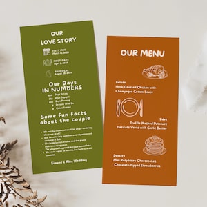 Retro bruiloft plaatskaart en menu leuk weetje sjabloon, gewaagd grillig menu, kleurrijke plaatskaart, moderne bruiloft tafel decor