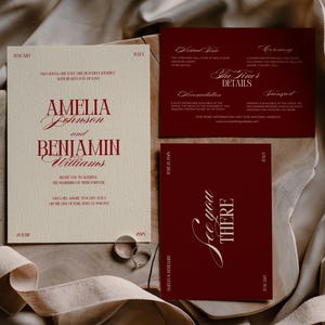 Old Money Wedding Invitation Set: Moody Floral  Liner, Red and Cream, Classic Chic Envelope Addressing