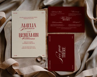 Juego de invitaciones de boda Old Money: forro floral melancólico, rojo y crema, sobre con dirección elegante y clásica.