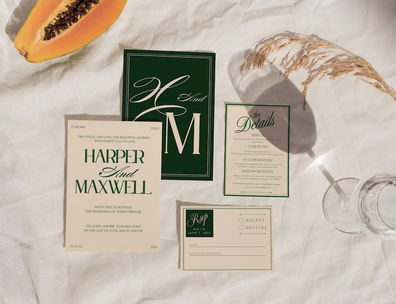 Forest Green Wedding Invitation Suite: Elegant Old Money Style (Canva Template Digital Download) afbeelding 6