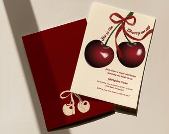 She&#39;s the Cherry On Top Bridal Shower Invite |Cherry Theme Invite, Double Sided Canva Template | Instant Download