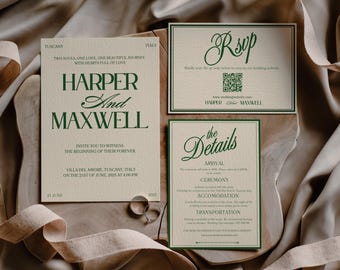 Forest Green Wedding Invitation Suite: Elegant Old Money Style (Canva Template Digital Download)