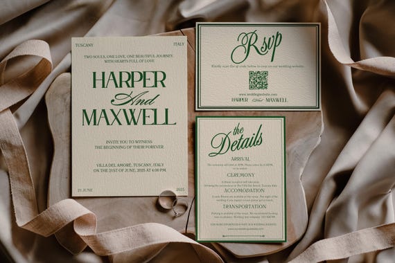Forest Green Wedding Invitation Suite: Elegant Old Money Style (Canva Template Digital Download)