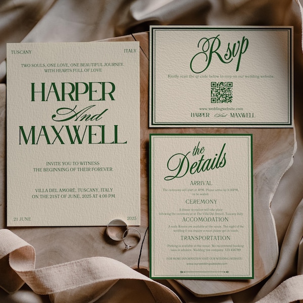 Forest Green Wedding Invitation Suite: Elegant Old Money Style (Canva Template Digital Download)