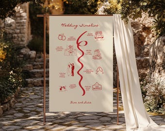 Cartello per la cronologia del matrimonio stravagante, ordine degli eventi, segnaletica per matrimonio disegnata a mano, scarabocchio