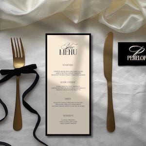 Klassieke zwarte en crèmekleurige menukaart en plaatskaart | Elegante dinerdecoratie | Luxe minimalistisch bruiloftsdecor, moderne plaatskaartenset