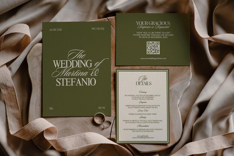 An olive green wedding program card with white text sits beside a details card and two silver rings on fabric.