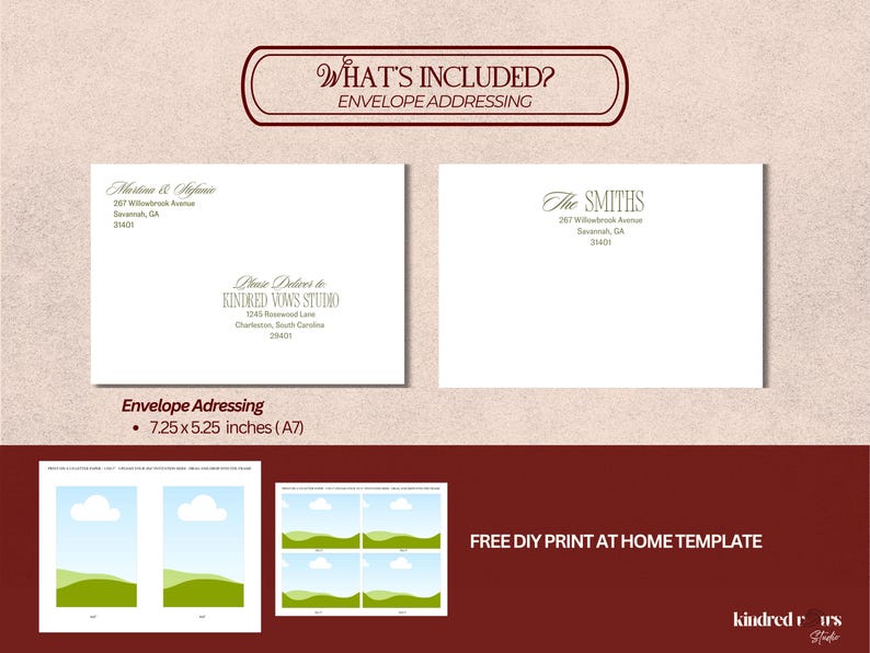 An informational image shows envelope addressing templates with return addresses and recipient names against a light background.