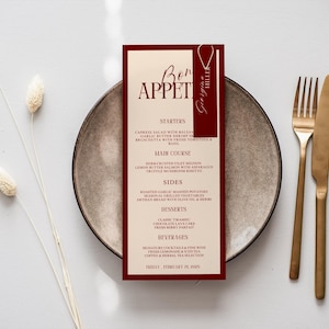Conjunto de cardápio e cartão de lugar para jantar de ensaio - Estética de dinheiro antigo, elegante e luxuoso, modelo Canva editável para a noite de núpcias anterior