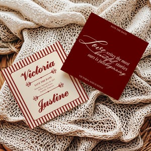 Save the Date: Elegant Minimalist Wedding Announcement, Red & Cream Luxe, Double-Sided Romantic Canva Editable Template