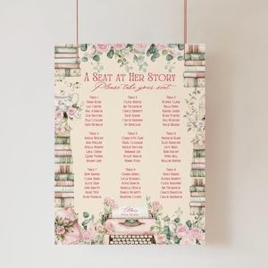Een nieuw hoofdstuk Stoelindeling | Minibundel met verhalenboekthematafelset met plaatskaarten en tafelnummers voor vrijgezellenfeest met boekthema