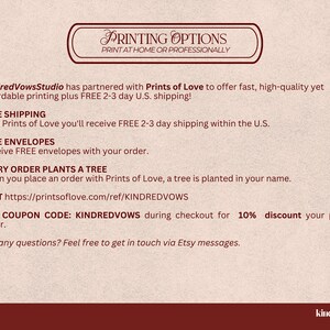 Text detailing printing options, free shipping, envelope offers, and partner information for ordering professional prints.