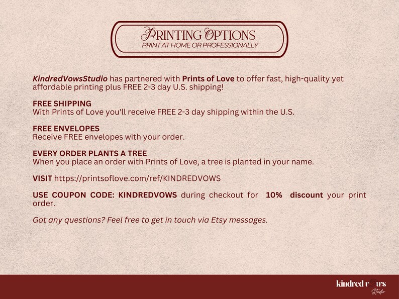 Text detailing printing options, free shipping, envelope offers, and partner information for ordering professional prints.