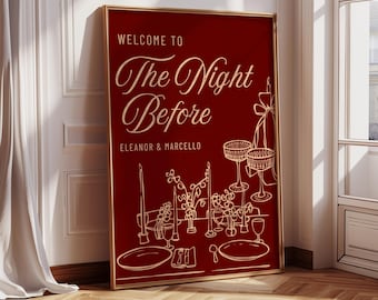前夜のウェルカムサイン、リハーサルディナーの装飾、気まぐれな手描きデザインの結婚式前ポスター
