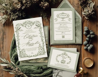 Victorian Wedding Invitation with Photo, QR Code,Spanish Moss Envelope Liner,Envelope Addressing, Garden Wedding, Hand-drawn Illustrations