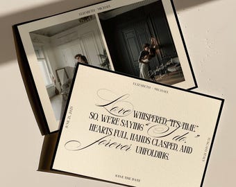 Classic Save the Date, Elegant Minimalist Wedding Announcement, Black and White Luxe, Double-sided  Save the Date with Photo