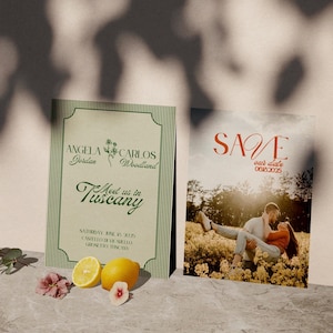 May include: Save the date card with a green and white striped border. The card features a photo of a couple in a field with the text "SAVE our date 06182025".