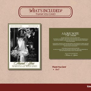 An informational image displays a thank-you card template with a couple in a photograph on the left and text on the right.