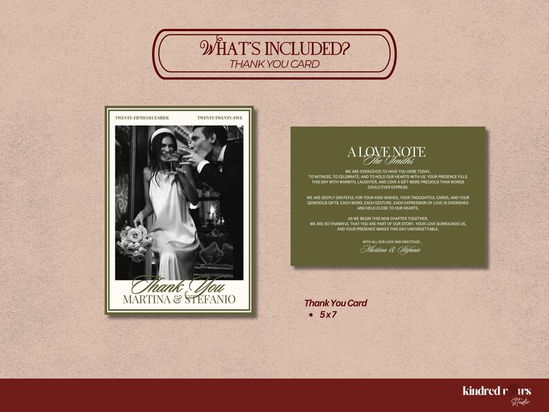 An informational image displays a thank-you card template with a couple in a photograph on the left and text on the right.