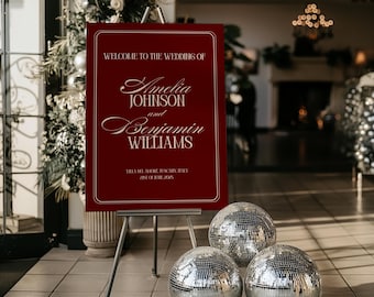 Old Money Wedding Welcome Sign in Red & Cream, Modern Chic Wedding Decor, Elegant Marriage Reception Signage