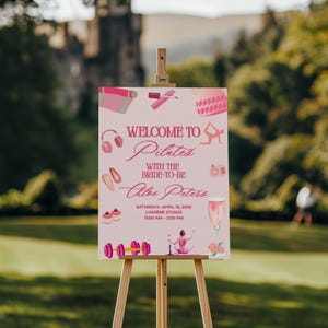 Cartello di benvenuto per la festa nuziale Pilates e Prosecco / Modello Canva modificabile / Poster per la festa nuziale / Pilates con la futura sposa