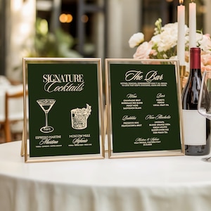 Deep Green Wedding Bar Menu Template: Signature Cocktails Old Money Style (Canva Editable)