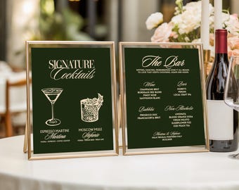 Deep Green Wedding Bar Menu Template: Signature Cocktails Old Money Style (Canva Editable)