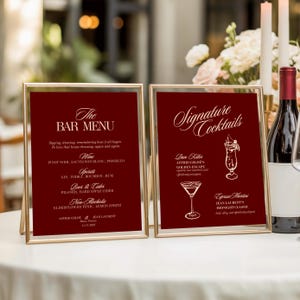 Modèle d'enseigne de menu de bar de mariage, rouge foncé, cocktails signature (téléchargement numérique)