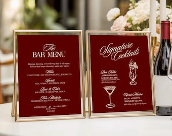 Plantilla para menú de bar de bodas, rojo intenso, cócteles de autor (descarga digital)