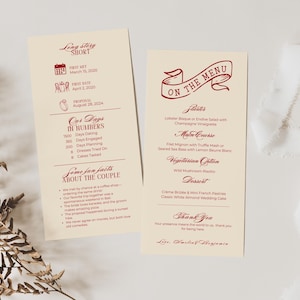 Alte Geldästhetik Fun Fact Hochzeit Menü & Tischkarte Infografik | Handgezeichnete Doppelseitig Rot Gedeck Abendessen
