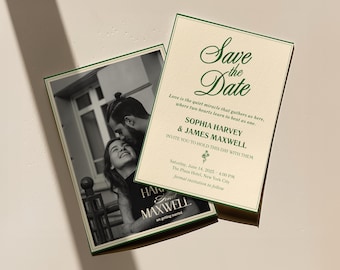 Bosgroen Save the Date | Oude geld-huwelijksaankondiging | Elegante canvassjabloon | Afdrukbare uitnodiging van 5 x 7 inch