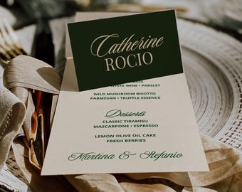 Deep Green & Cream Wedding Menu and Place Card Set (Canva Template)