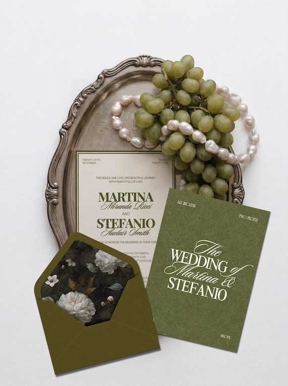 Old Money Wedding Invitation Template Olive Green and Cream Luxury Invite Suite Elegant Classic Wedding Stationery Floral Envelope Liner