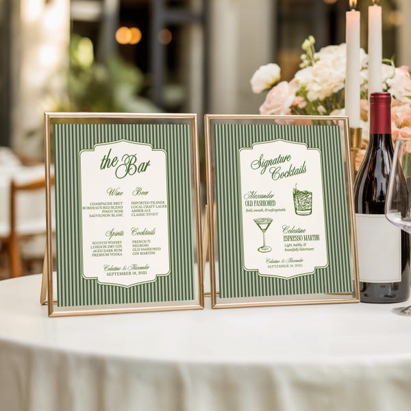 Green Stripes Old Money Wedding Bar Menu Template: Elegant Signature Cocktails (Digital Download)