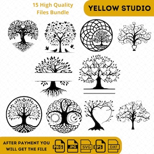 以下が含まれることがあります： 生命の木の白黒のSVGカットファイル15個セット。ファイルには、ハート、枝、根、太陽と月など、さまざまなデザインが含まれています。画像の上部には「15 High Quality Files Bundle」と「YELLOW STUDIO」のテキストがあります。画像の下部には「AFTER PAYMENT YOU WILL GET THE FILE」のテキストがあります。ファイルタイプPNG、JPG、SVG、EPS、DXFはテキストの下にリストされています。